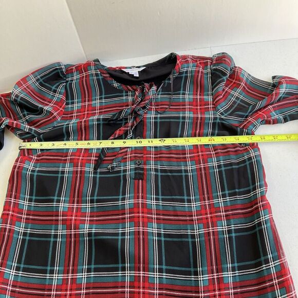 Draper James Small Plaid Long Sleeve Flounce Ruffle Hem Shift Dress Tie Neck - Picture 11 of 12